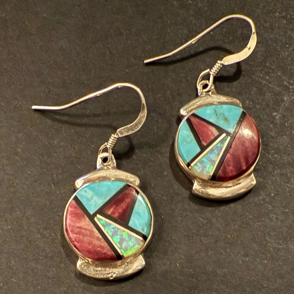Native American Sterling Silver Inlay Drop Earrings - Turquoise, Opal & Onyx